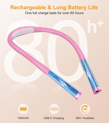 Настільна лампа Gritin для читання, гнучкий регульований світильник з 4 кольорами та 5 рівнями яскравості, регулювання інтенсивності, захист очей, акумулятор 80 годин, ергономічна лампа для читання в ліжку, рукоділля (рожевий)