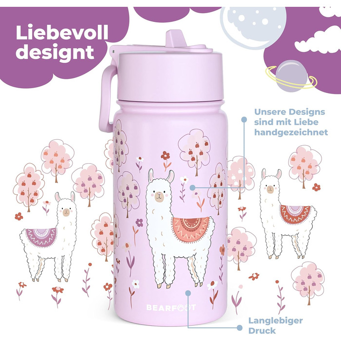 Дитяча термопляшка Bearfoot з нержавіючої сталі з трубочкою 400 мл - BPA free, без витоку, для дівчаток та хлопчиків, для школи та садочка (Лідія - Лама)