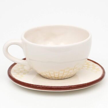 Dolomite coffee cup and saucer set with strawberry relief, size approximately 15.5 x 11 x 6.5 cm, cup with saucer, set of 6