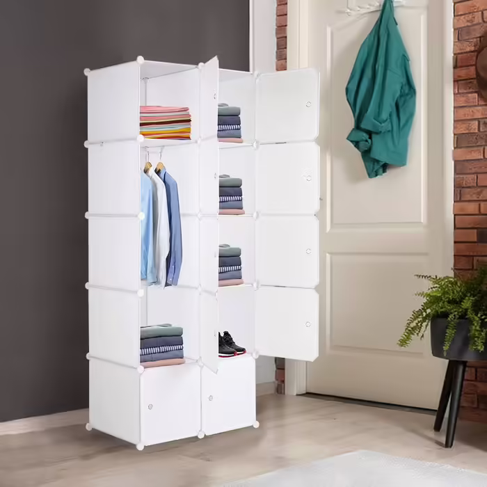 Modular wardrobe system, 10 dice, plastic wardrobe with doors, modular cabinet for space-saving storage, 70 x 45 x 175 cm, White door & Black cabinet. Storage for clothing, shoes, etc. (70 x 45 x 150 cm, White-1)
