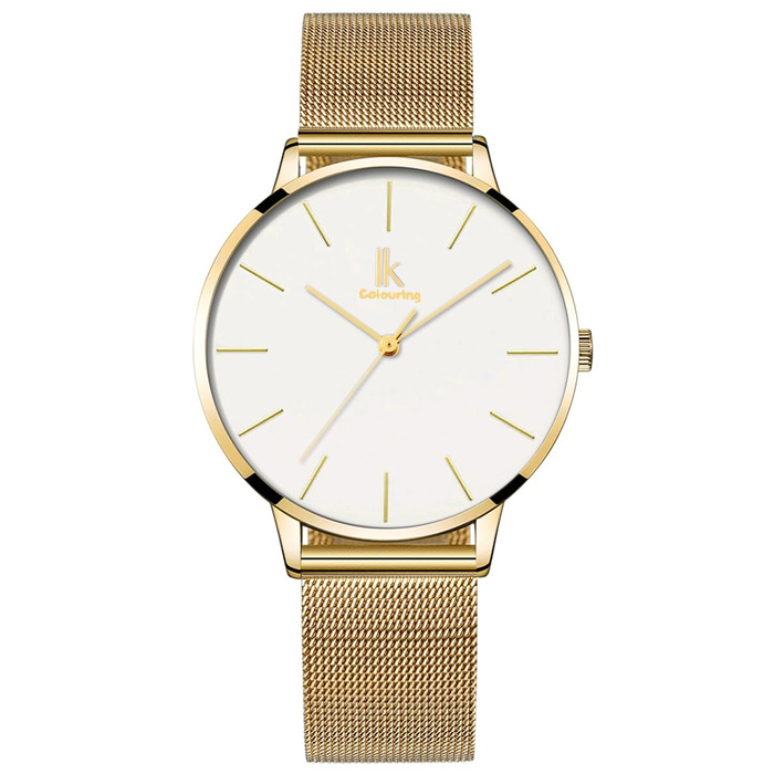 Жіночий годинник Alienwork IK Minimalist: ультратонкий, сітчатий ремінець (золотий / білий / золотий сітчастий ремінець)