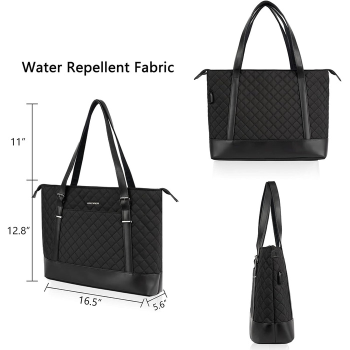 Сумка для ноутбука KROSER жіноча чорна елегантна 15.6 дюймів, велика легка сумка-тоут для бізнесу, школи, подорожей - стебнована