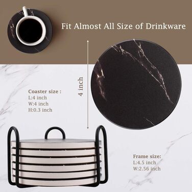 Coasters for Drinks, Absorbent Ceramic Stone Coasters Set with Metal Holder Stand, Cork Base, Marble Surface Pattern, Cup Placemats for Home Decor, Set of 6 - White (Black)