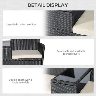 Садова лавка Outsunny з ротангу Polyrattan на 2 особи з журнальним столиком, садове диван-крісло зі сталі чорного кольору, B133 x Ш63 x H84см, стійке до погодних умов та сучасне