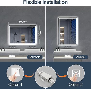 Дзеркало для ванної кімнати S'bagno з підсвічуванням 100x70 см, LED, з полицею, протитуманне покриття, регулювання кольору (3000K/4000K/6500K), диммування, HD-загартоване скло, IP44, горизонтальне/вертикальне встановлення, Bluetooth, годинник