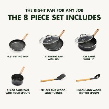 GreenPan Hudson Healthy Ceramic Non-Stick Coating, 8-Piece Cookware Set, Pots and Pans, Vintage Wood-Inspired Handle, PFAS-Free, Dishwasher Safe, Black 8 Piece Cookware Pots and Pans Set Schwarz