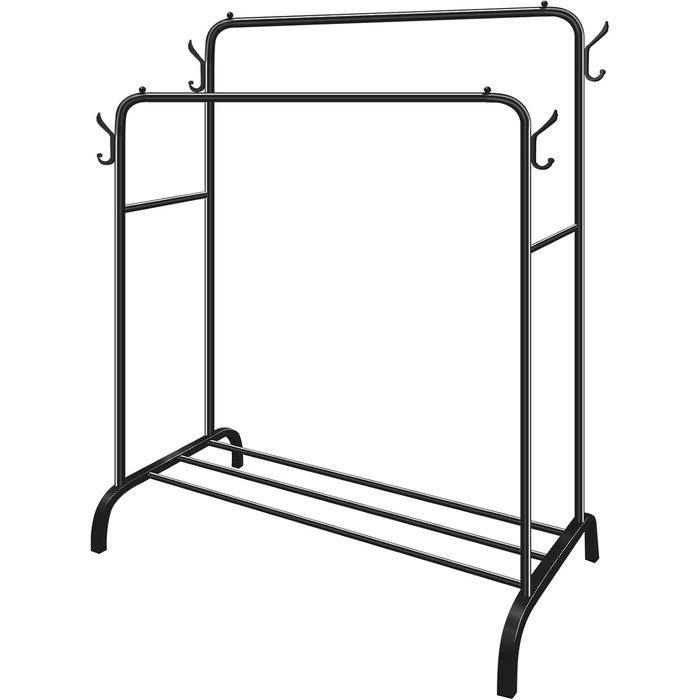 Metal Clothes Rack Clothes Stand Stable, Double Rod Durable with 1 Tier Shelf and 4 Side Hooks, Freestanding Clothes Rack, Multi-Purpose Organizer, Bedroom, Black