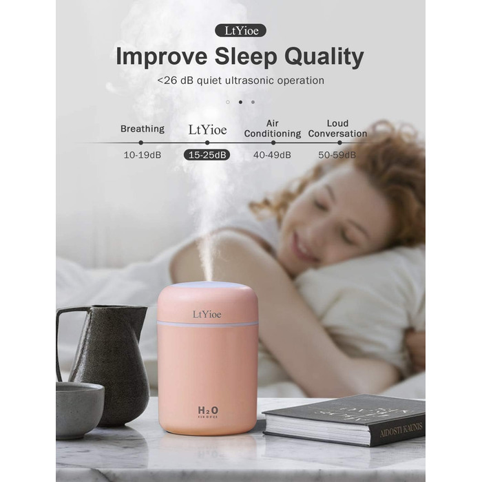 Зволожувач повітря USB міні з підсвіткою, автоматичне вимкнення, тихий, для авто, офісу, спальні (білий, рожевий)