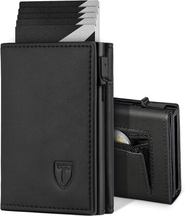 Чоловічий гаманець з відділенням для монет та RFID захистом, шкіряний, slim модель, 10 відділень для карток, чорний