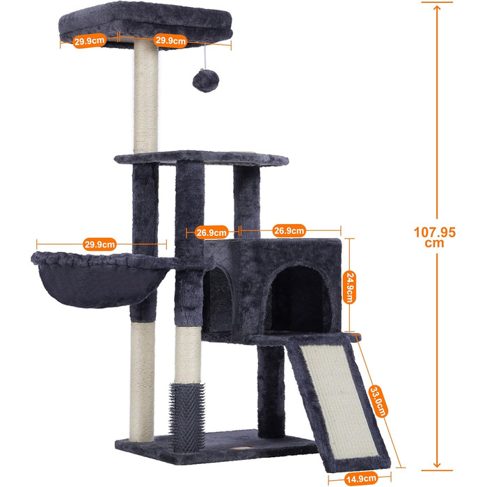 Котячий будиночок Heybly з котячою щіткою, котячий будиночок для домашніх котів з оббитою лежаком з плюшу, котячий когтетоп з кошиком, когтеточкою та когтетопом, сірий HCT005SG