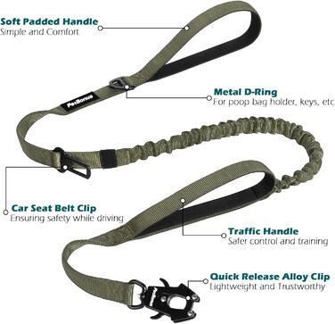 Тактична повідок для собак PetBonus Heavy Duty, 1,5м, еластична, з 2 зручними ручками, фіксатор для авто, No Pull для дресування великих та середніх собак (армійний зелений)