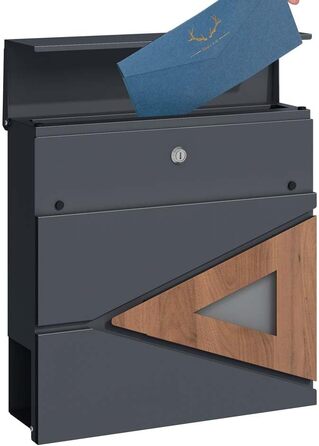 Поштова скринька настінна SCHARTEC SPB-8 антрацит з дерев'яним декором та відділенням для газет, велика, сучасний дизайн