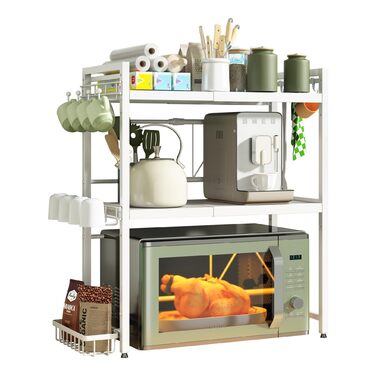 Підставка для мікрохвильової печі NETEL, 2-рівнева, чорна, висувна 40-60 см. З полицями для напоїв та кошиком