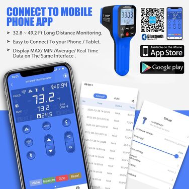 Інфрачервоний термометр AIOMEST з логуванням даних через APP, промисловий IR пірометр 1600°C | Оптика 30:1 з подвійним лазером | Температурна пістолета для вимірювання температури для HVAC, промислових печей, кузень та піци | Bluetooth-з'єднання