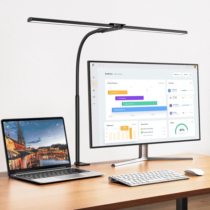LED Desk Lamp with Adjustable Gooseneck - Dual Head, 1200 Lumens, Eye Protection for Home Office & Study - Black with 5 Color Temperature/Brightness Levels