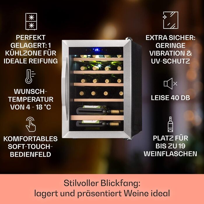 Klarstein Wine & Beverage Refrigerator - 1 Zone, 19 Bottles, UV Protection, 4-18°C, Freestanding, Silver & Black