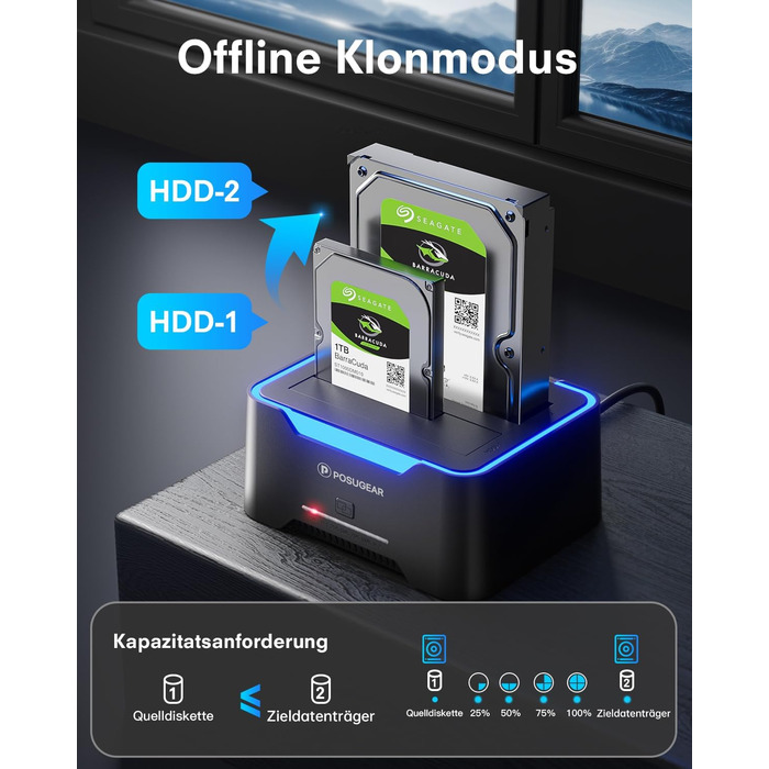 Док-станція для жорстких дисків POSUGEAR RGB USB 3.0 з підтримкою 2.5/3.5 SATA HDD/SSD, 2 відсіки, Offline Clone, UASP