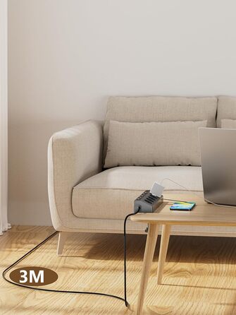 Мережевий адаптер PASSUS з 5 розетками, 2 USB-C (PD 30W), захист від перенапруги, індивідуальне вмикання, 10-в-1, з кабелем 2м, для офісу, чорний