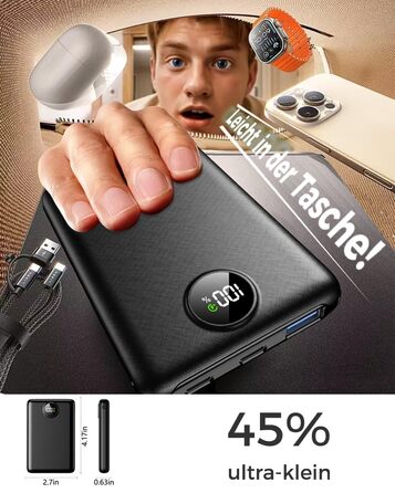 Портативний зарядний пристрій Power Bank 20000mAh з LED дисплеєм, USB-C, PD 3.0, QC 3.0, чорний