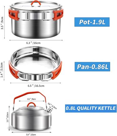 Набір посуду для кемпінгу з нержавіючої сталі 304, 1-2 особи. Посуд для туризму, похідний набір з каструлею, сковородою з антипригарним покриттям та чайником у сітчастій сумці