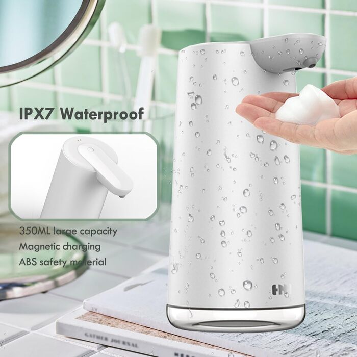 Frohsun Automatic Soap Dispenser - Rechargeable, Touchless, Motion Sensor, 350ml Capacity, Adjustable Foam Volume, IPX7 Waterproof - for Kitchen, Bathroom & Hotel Use (White)