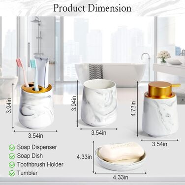 Набір аксесуарів для ванної кімнати з дозатором мила, мильницею, тримачем для зубних щіток та склянкою. Мармурова імітація, білий колір. 4 шт.