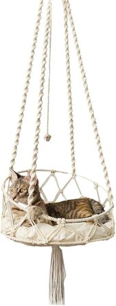 Крісло-гойдалка для кота, гамак-гойдалка Boho з макраме, ліжко для кота з гачком та знімним подушкою для саду, тераси, балкону, вітальні