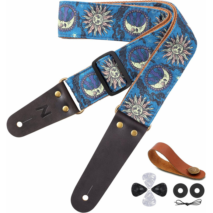Гітарний ремінь Nefelibata, вишитий бавовняний ремінь з шкіряними кінцями, для бас-гітари, електро- та акустичної гітари, безкоштовний фіксатор, 1 пара застібок, 4 шт. (Блакитне сонце)