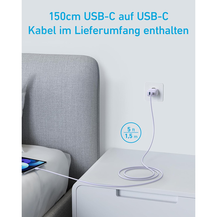 Зарядний пристрій Anker 20W USB-C, адаптер живлення для iPad, швидка зарядка, сумісний з iPhone 17/16/15 (з кабелем USB-C 150см), фіолетовий