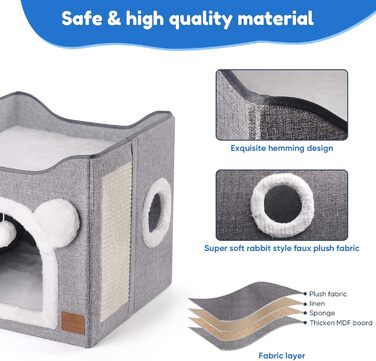 Foldable Cat House, 2-Tier Cat Cave Cube Large Space Cat Bed with Scratching Board and Play Ball for Small to Medium Pets Indoor Retreat 40 * 40 * 35cm Grey