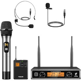 TONOR Бездротовий мікрофонний комплект з 4 каналами UHF: ручний, нагрудний, гарнітурний, лавел'єрний. Дальність дії 90м. Підходить для співу, караоке. 2 ручні мікрофони та 2 кишенькові передавачі