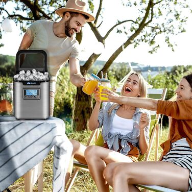 tillvex Ice Maker Stainless Steel 12 kg - 24 h | Ice Cube Maker with Timer and 2.2 Liter Water Tank | Ice-Maker LCD Display & Self-Cleaning Function | 3 Ice Cube Sizes (Silver)