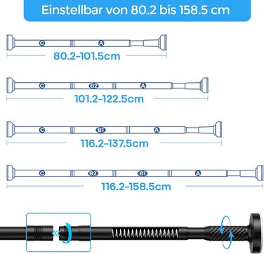 Штанга для штор без свердління AIZESI 100-230 см Ø 25 мм, телескопічна, для кріплення - регульована штанга для вікна, душу, балкону (чорний, 81-158 см)