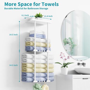 Тримач для рушників без свердління, настінний, з 6 гачками та полицею для ванної кімнати/кухні, матовий, для гостей, білий