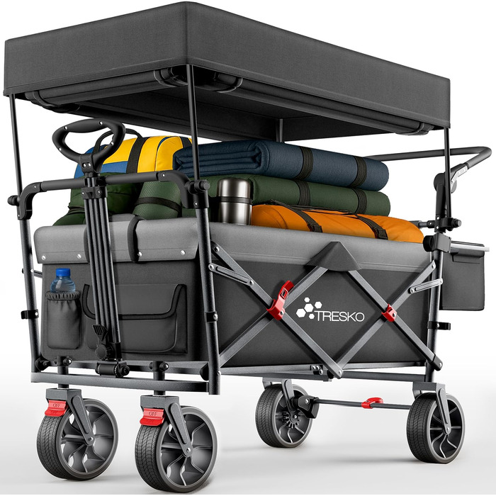 Трьохколісний візок TRESKO® з дахом, кишенькою-холодильником та боковими шторками | Вантажопідйомність до 150 кг | Візок з гумовими колесами та гальмами (передні та задні) та 3-точкова система фіксації (Зелений) (Чорний)