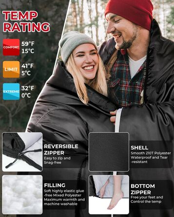 Спальний мішок на дво персони Ohuhu 220x150 см, чорний - для кемпінгу, подорожей, сім'ї та фестивалів