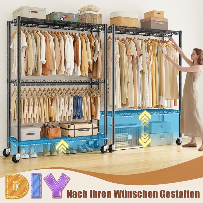 Вішалка для одягу на коліщатках 90x40x200 см, вантажопідйомність 150 кг, 2 висувні штанги, регульована полиця, великий об'єм для зберігання одягу, стабільна та мобільна