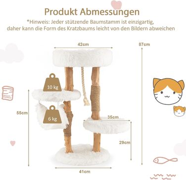 Дерев'яна кігтеточка SOARS для котів з 3-ма природними стовбурами, ліжко та плюшеві поверхні, з іграшковим м'ячиком та джутовим мотузком, багатоярусна, 59 x 49 x 110 см, білий колір