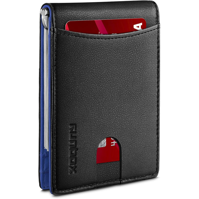 Чоловічий гаманець RUNBOX з натуральної шкіри, Slim модель, RFID захист, з кліпсою для грошей, подарункова коробка, синьо-чорний колір