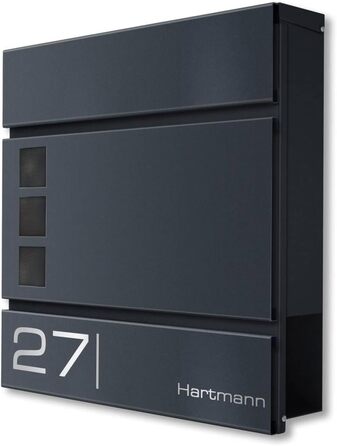 Поштова скринька Metzler Cube антрацит RAL 7016 з лазерним гравіюванням номеру будинку та імені - настінна, з відділенням для газет, вікном. Розмір: 37x37x10.5 см
