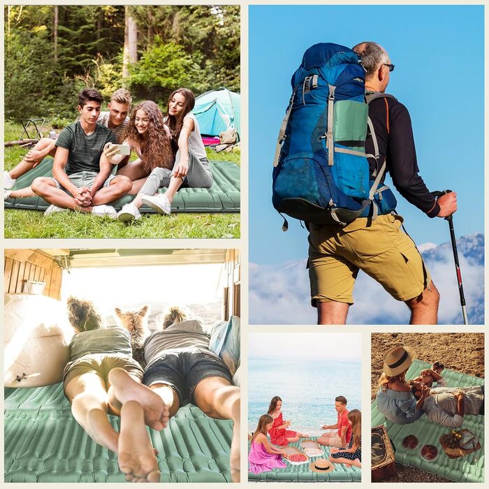 BLUEVER Self-Inflating Camping Mat with Foot Pump, 14cm Thickened Sleeping Pad with Pillow for Hiking, Tent, Outdoor, Beach, Travel - Green