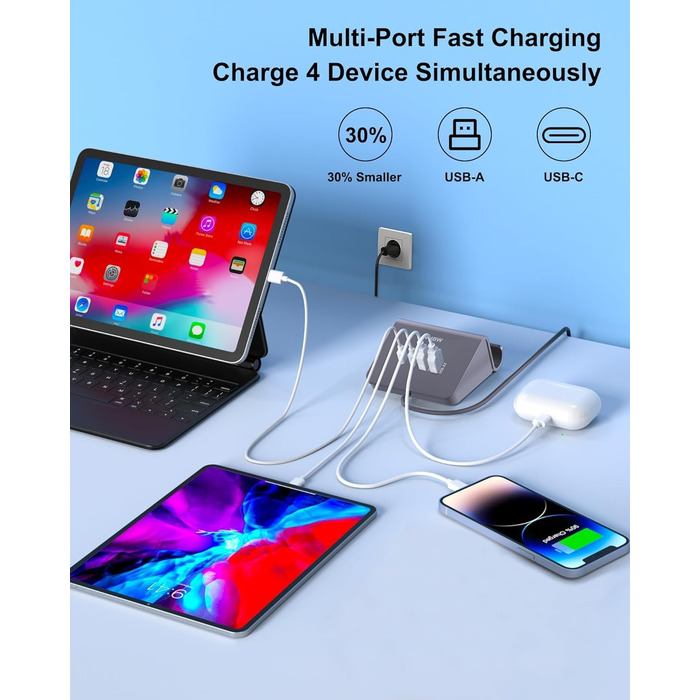 Багатопортова USB зарядка POANES 25W: зарядний станція на 4 порти для iPhone, Samsung, LG, Huawei та інших пристроїв (чорний/сірий)