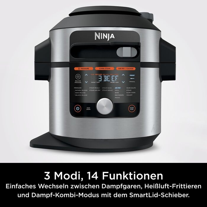 Ninja Foodi MAX Multi-Cooker with SmartLid, 14 Cooking Functions in 1, 7.5L, 14-in-1 Multi-Cooker, Pressure Cooker, Air Fryer, Slow Cooker, Grill and More Includes Digital Probe, Stainless Steel, OL750EU