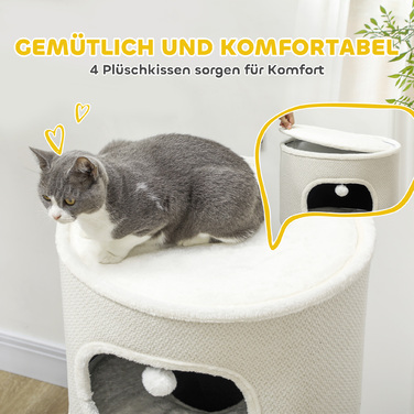 PawHut Дряпка для котів, 100 см у висоту, котячий будиночок з 3 печерами, дряпка з іграшковими кульками, котяча вежа з сизалю, для котів до 6 кг, Бежевий+Кремовий | Aosom