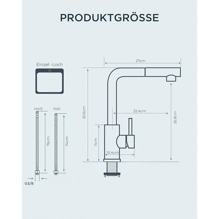 Змішувач кухонний FORIOUS висувний з душем, шланговий, нержавіюча сталь, 360° обертання, 2 режими, L-подібний