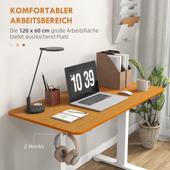 Vinsetto Height-Adjustable Standing Desk Electric 120x60cm with Anti-Collision Cable Box and Hooks for Hanging from Chipboard Natural Wood