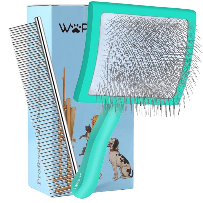 Гребінець для собак та котів Slicker з дерев'яною ручкою та довгими шпильками з нержавіючої сталі – видаляє підшерсток, ковтуни та вичісує – з гребенем для догляду – для Голден Ретрівер та Мейн-Кун – великий