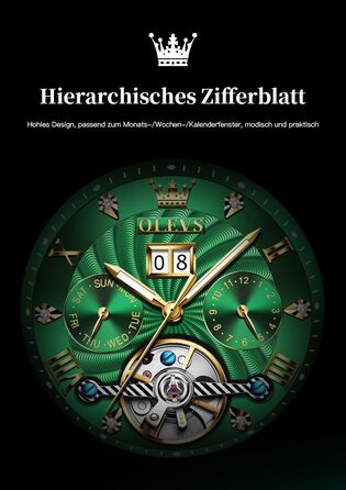 Чоловічий скелетон-годинник OLEVS 9910: кварцовий спортивний годинник з водовідштовхувальним корпусом, сталевий браслет (золото-срібло) та зелений циферблат