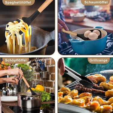 Набір кухонних аксесуарів Homikit 9 шт. з чорного силікону та дерев'яними ручками