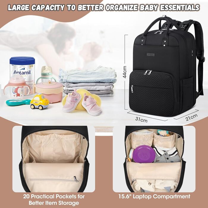 RAINSOMORE Backpack Diaper Bag - Backpack with Changing Pad - Large On-the-Go Diaper Bag - Multifunctional Baby Bag for Mom and Dad - Black